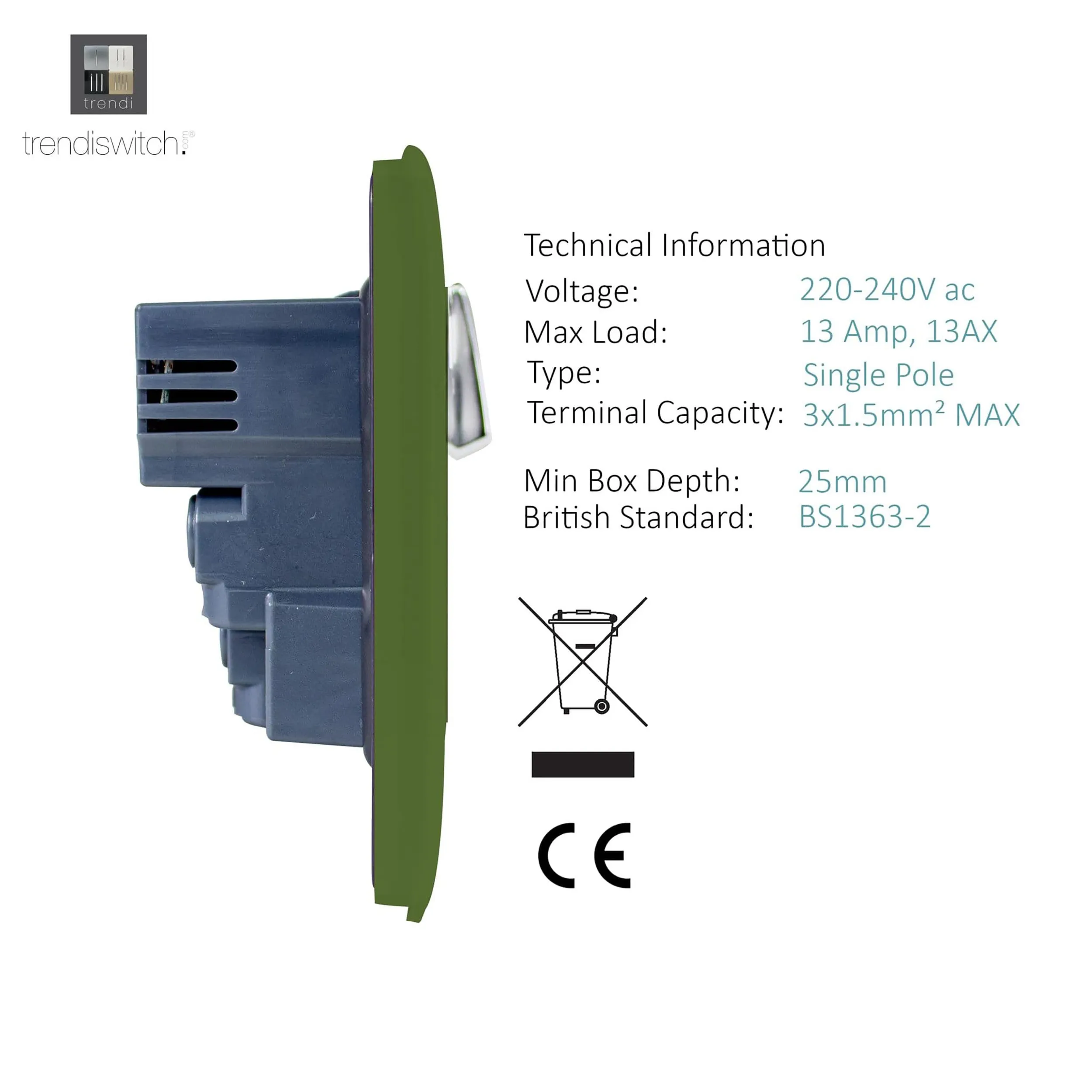 1 Gang 13Amp Switched Single Socket With 2 x USB Moss Green ART-SKT13USBMG  Trendi Moss Green